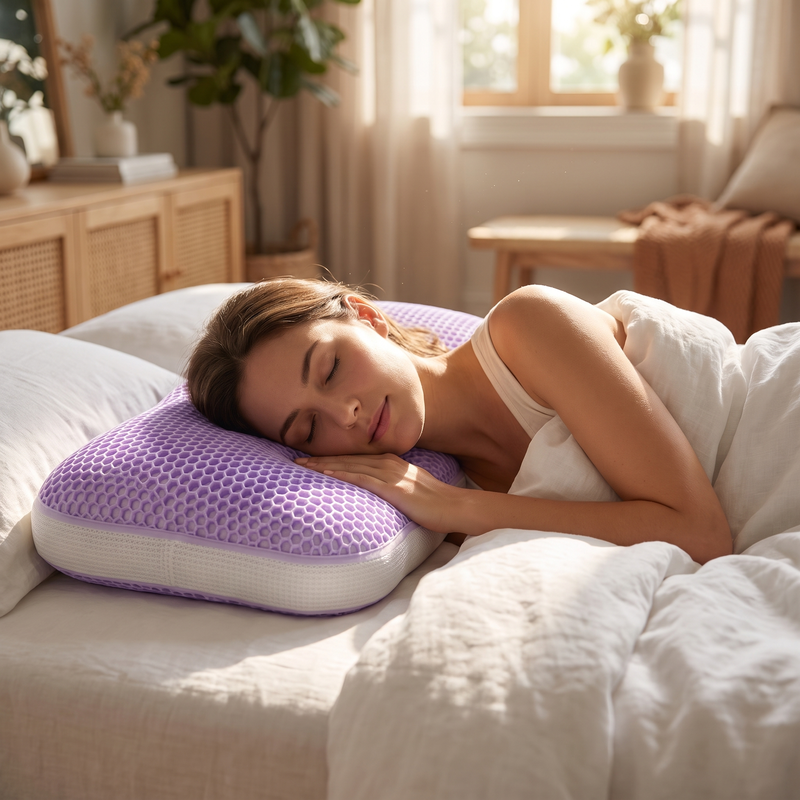 Woman side sleeping on a violet Drowsa pillow