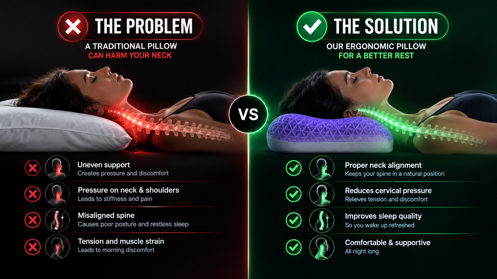 Comparison: a traditional pillow with uneven neck support versus the Drowsa ergonomic pillow with proper neck alignment