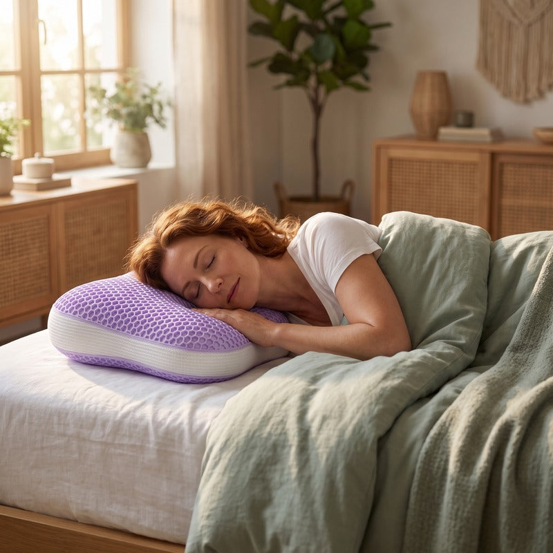 Woman sleeping on a violet Drowsa pillow
