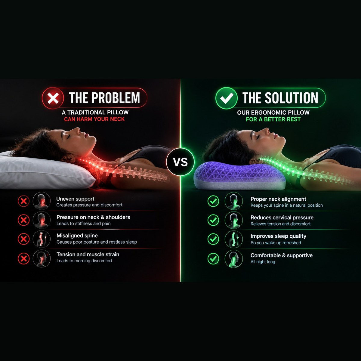 Comparison: a traditional pillow with uneven neck support versus the Drowsa ergonomic pillow with proper neck alignment